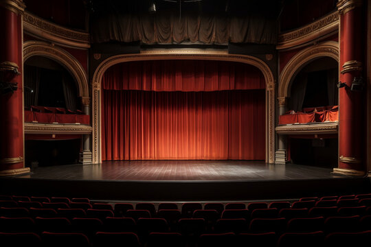 Glorious Red Curtain Above Empty Theatre Stage, Made Using Generative Ai