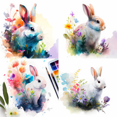 a white rabbit watercolor brush cute colorful flower , genarive ai