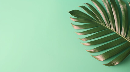 Fototapeta na wymiar Tropical palm leaf on green background. Flat lay, top view Generative AI