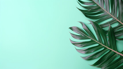 Tropical leaves on color background, flat lay. Space for text Generative AI