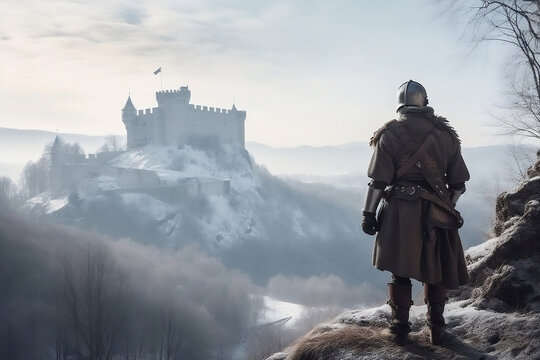 Knight Looking To The Castle On The Hill At Winter Landscape, Made Using Generative Ai
