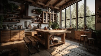 Fototapeta na wymiar Country kitchen: rustic, cozy with a cozy atmosphere. Natural materials such as wood from the counter to the floor covering ensure a harmonious overall picture. - Generative AI