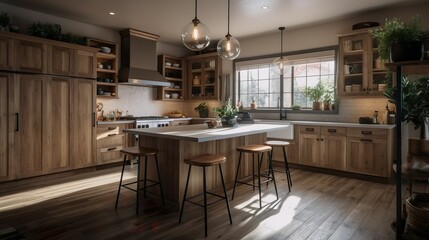 Country kitchen: rustic, cozy with a cozy atmosphere. Natural materials such as wood from the counter to the floor covering ensure a harmonious overall picture. - Generative AI