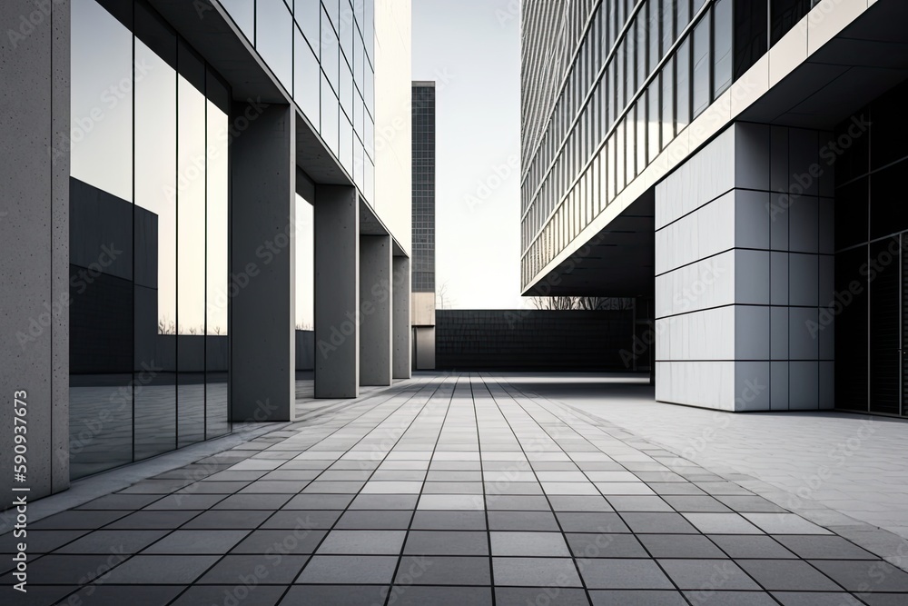 Poster an empty walkway between two towering skyscrapers. generative ai