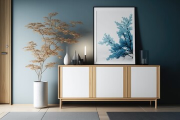 blue and white tree in a room. Generative AI