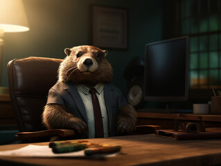 Illustration of beaver wearing business attire. Animal working at the office. AI Generative. - obrazy, fototapety, plakaty
