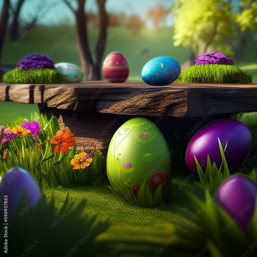 Poster easter eggs on the table and on the grass on an outdoor background generative ai
