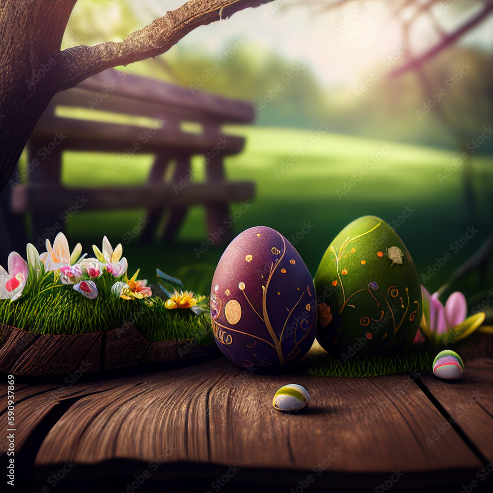 Poster easter eggs on the table and on the grass on an outdoor background generative ai