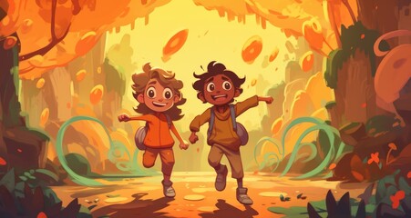 Fototapeta premium Children run around in the field with the sun behind them, cartoon illustration with generative ai