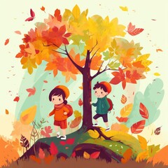 Two kids playing around the tree, cartoon illustration with generative ai