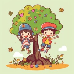 Two kids playing around the tree, cartoon illustration with generative ai