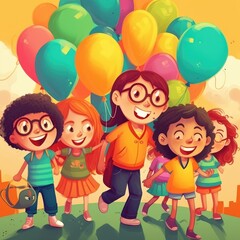 Obraz na płótnie Canvas Two children holding balloons walking, cartoon illustration with generative ai