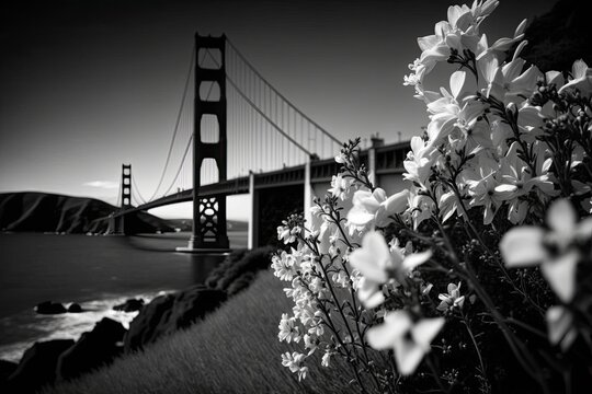 black and white flowers against the backdrop of the Golden Gate Bridge. Generative AI