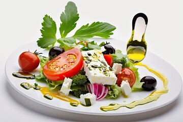 fresh and colorful salad served on a white plate with a drizzle of dressing. Generative AI