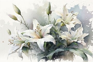 Generative AI. A branch close-up of white Lilly flowers. Watercolor painting illustration, isolated on white background. - obrazy, fototapety, plakaty