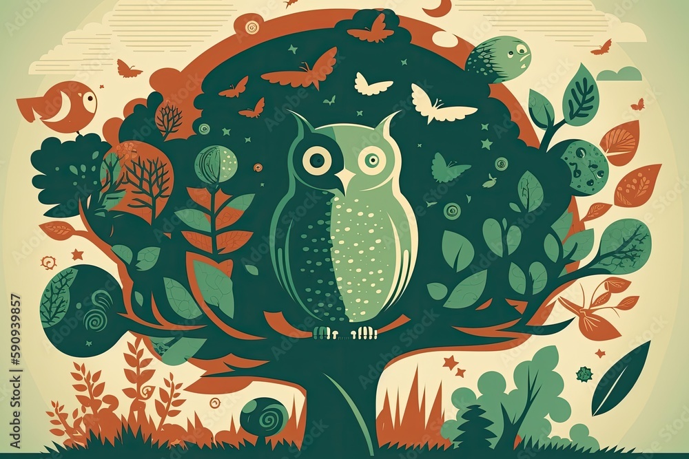 Poster an owl perched on a tree branch with a flurry of colorful butterflies fluttering around it. generati