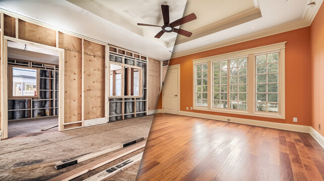 Home Interior Before And After Cleanup and Construction with New Hardwood Floors and Paint - Generative AI.