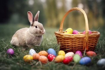Fototapeta na wymiar Spring meadow with rabbit and easter eggs in basket. AI Technology.