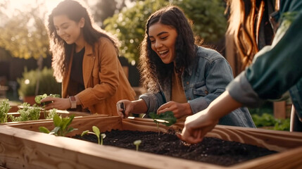 Two Happy Female Friends Gardening Together - Generative AI.