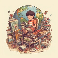 A child sits on earth reading a book among many different items, cartoon with generative ai
