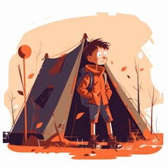 Children with a camp chair and tent, cartoon illustration with generative ai