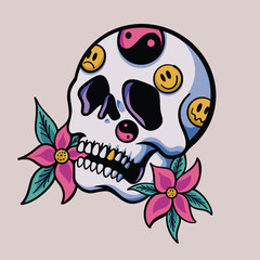 Skull Smile Emoticon Flower Tattoo Cartoon