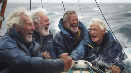 Group of Older Sailor Men Laughing Enjoying The Thrill of Riding Out the Storm Togther on Their Boat - Generative AI.