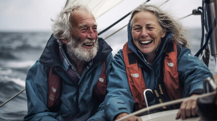 Fototapeta premium A Happy Older Senior Couple Sailing Laughing and Enjoying The Thrill of Riding Out A Storm Together on Their Boat - Generative AI.