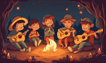 Kids playing guitar on a camp fire, illustration design with generative ai
