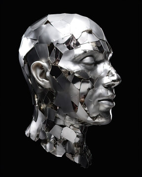 Illustration of a silver android man with his face in Defragmentation, isolated on black background , Generative AI