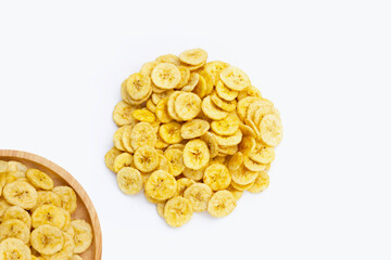Banana slice chips on white background.
