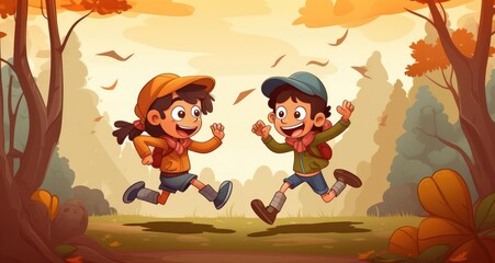 Children run around in the field with the sun behind them, cartoon illustration with generative ai