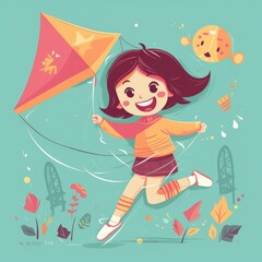 Little girl running flying kite, cartoon illustration with generative ai