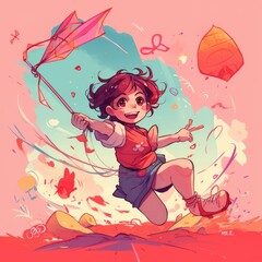 Obraz na płótnie Canvas Little girl running flying kite, cartoon illustration with generative ai