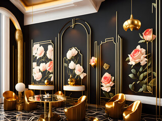 Generative Art,  Corner of an Art Deco Lounge, with 3d Roses,  Created from an Abstract Image, in my Portfolio