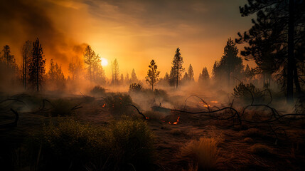  A forest fire in progress with flames engulfing trees and smoke billowing into the sky. Illustration of environmental problem.