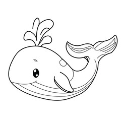 Whale coloring page. Hand drawn whale coloring page. Whale cartoon vector illustration.
