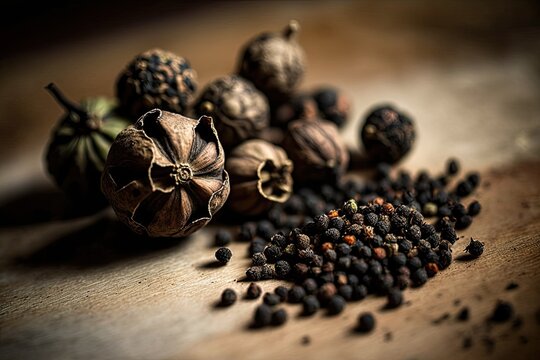 variety of aromatic spices arranged on a rustic wooden table. Generative AI