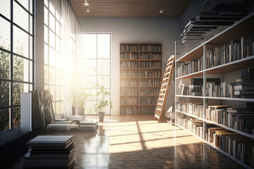 Interior of a modern library. Huge bright room with shelves and stacks of books. World Book and Copyright Day. Illustration generated by AI