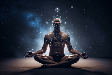 Man Sitting In Yoga Lotus Pose And His Connection To Space, Made Using Generative Ai