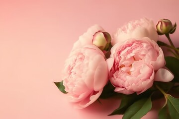 Top view photo of pink peony roses on isolated pastel pink background with copy space. Mother's Day celebration concept with generative ai