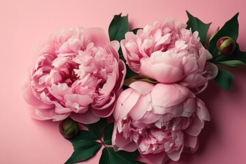 Obraz premium Top view photo of pink peony roses on isolated pastel pink background with copy space. Mother's Day celebration concept with generative ai