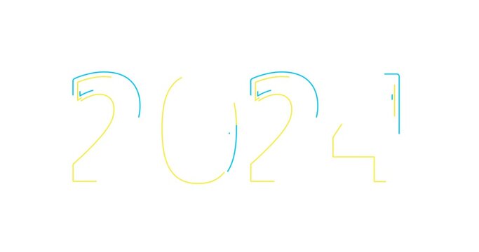 Blue and yellow illuminate digits 2024 new year design with neon glow. Abstract cosmic vibrant color backdrop. Glowing neon Congratulation Happy New Year 2024. Futuristic style loop footage.