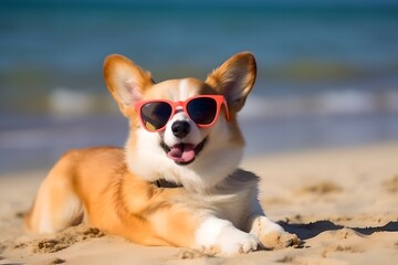 Happy dog on the beach, summer vacation, travel concept, generative ai