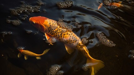 Golden Koi Swimming in Tranquil Pond