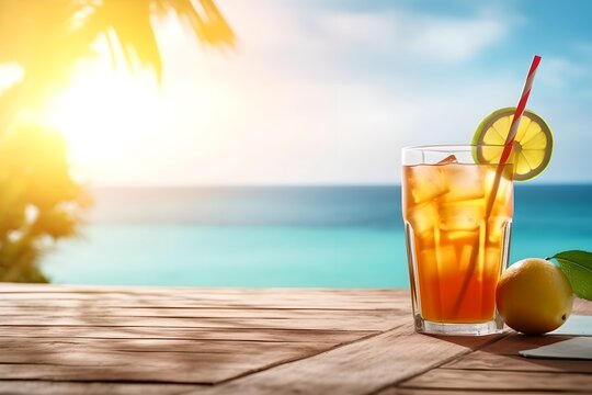 Traditional iced tea with lemon and ice in glass, summer cocktail, generative ai image