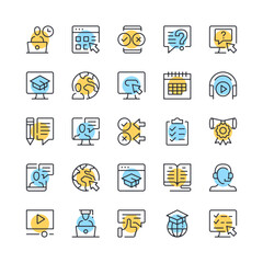 Digital learning line icons. Set of elearning icons. Black, blue and yellow colors. Modern outline graphic design. Vector line icons set