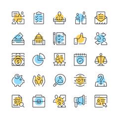 Elections line icons. Set of voting icons. Black, blue and yellow colors. Modern outline graphic design. Vector line icons set