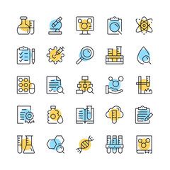 Chemistry line icons. Set of chemistry laboratory icons. Black, blue and yellow colors. Modern outline graphic design. Vector line icons set