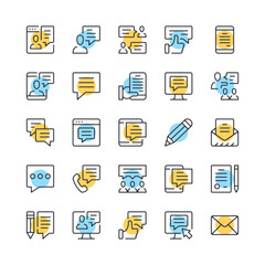 Message line icons. Set of communication icons. Black, blue and yellow colors. Modern outline graphic design. Vector line icons set
